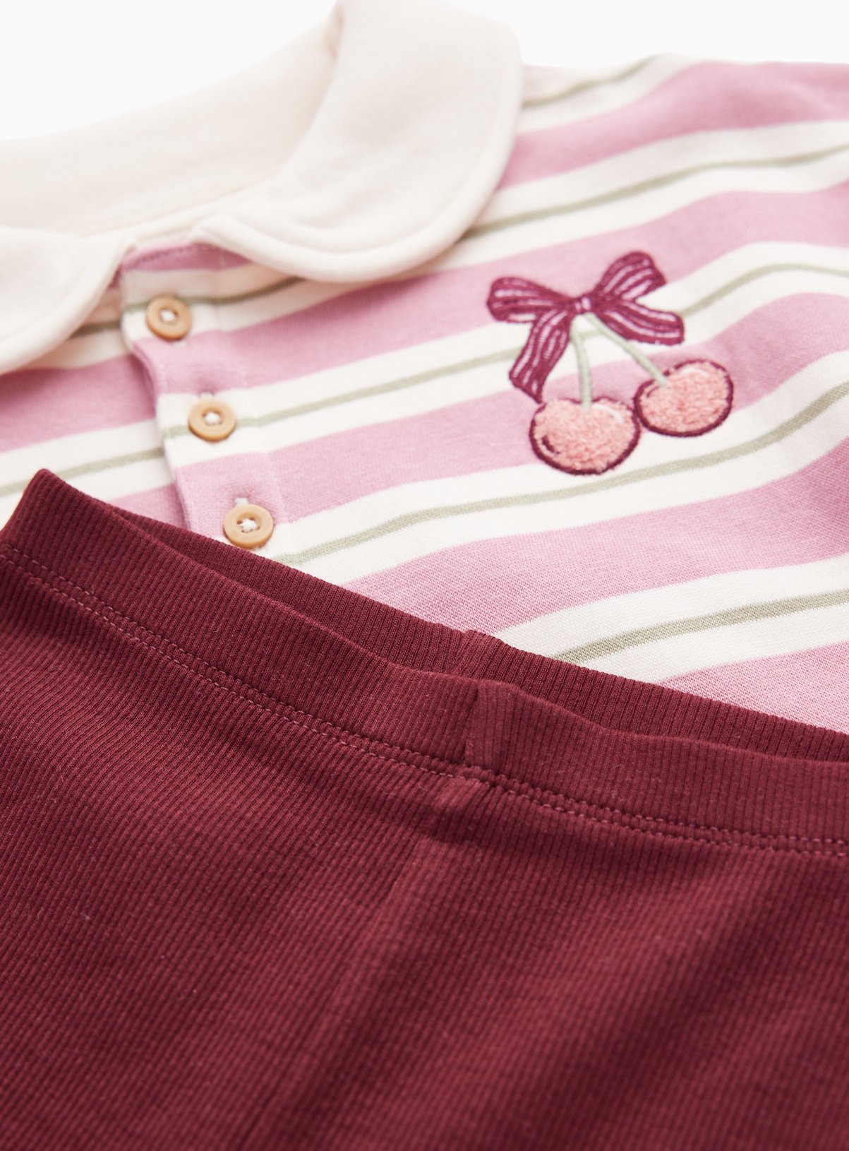 Pink Cherry & Bow Motif Striped Polo & Legging Set 12-18 months - Image 2 thumbnail